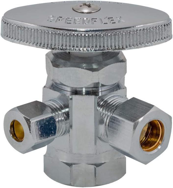 Eastman Multi-Turn Dual Outlet 3-Way Shut-Off Valve, 1/2 Inch FIP x 3/8 Inch x 1/4 Inch OD
