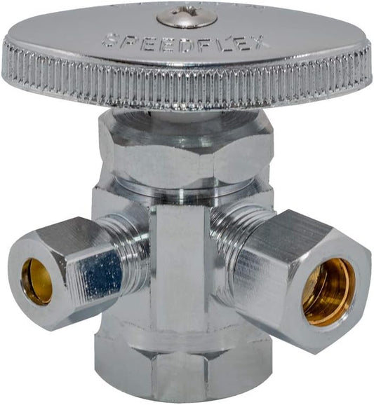 Eastman Multi-Turn Dual Outlet 3-Way Shut-Off Valve, 1/2 Inch FIP x 3/8 Inch x 1/4 Inch OD